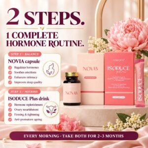 FEMOIRE Bloom two-step routine: a NOVIA capsule and an ISODUCE Plus drink