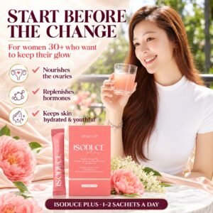 A woman drinking ISODUCE Plus on a sunny balcony