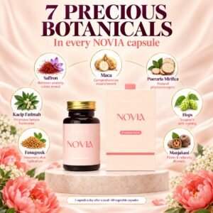 NOVIA's seven botanicals: saffron, kacip fatimah, maca, pueraria mirifica, hops, fenugreek and manjakani