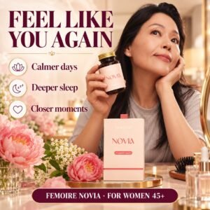 A woman holding a FEMOIRE NOVIA bottle at home