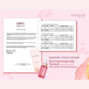 Dermatologically tested certificate for FEMOIRE Youth Serum: mild, gentle, hypoallergenic
