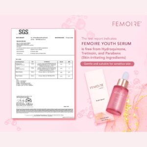 SGS test report: FEMOIRE Youth Serum free from hydroquinone, tretinoin and parabens