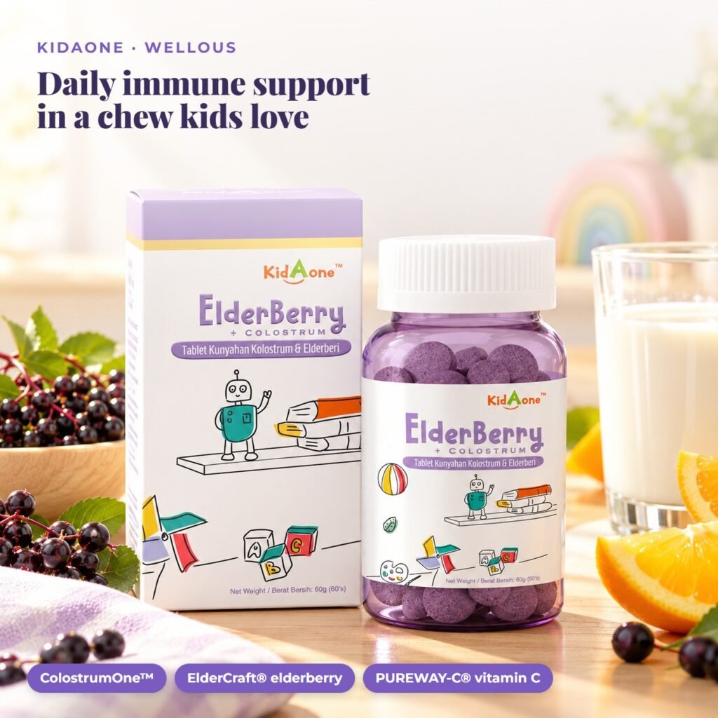 KidAOne Elderberry + Colostrum on a bright breakfast table with elderberries and oranges