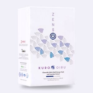 Side of the ZENSO Kuro Oiru box: chewable tablet red orange fruit and garcinia extract