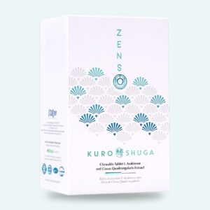Side of the ZENSO Kuro Shuga box: chewable tablet L-arabinose and Cissus quadrangularis extract