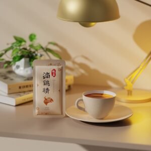 Pouring a pouch of Niang Jia chicken essence into a cup at home