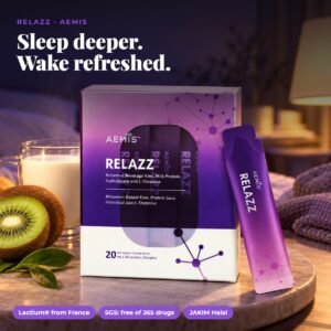 RELAZZ Lactium sleep drink on a calm bedside table at dusk
