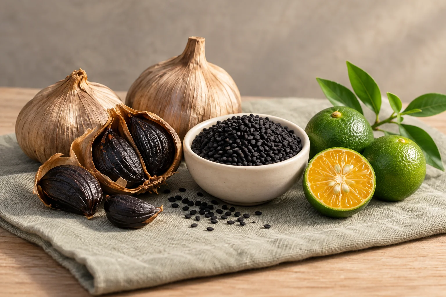 Bawang hitam berumur, biji habbatus sauda dan limau kasturi di atas kain linen