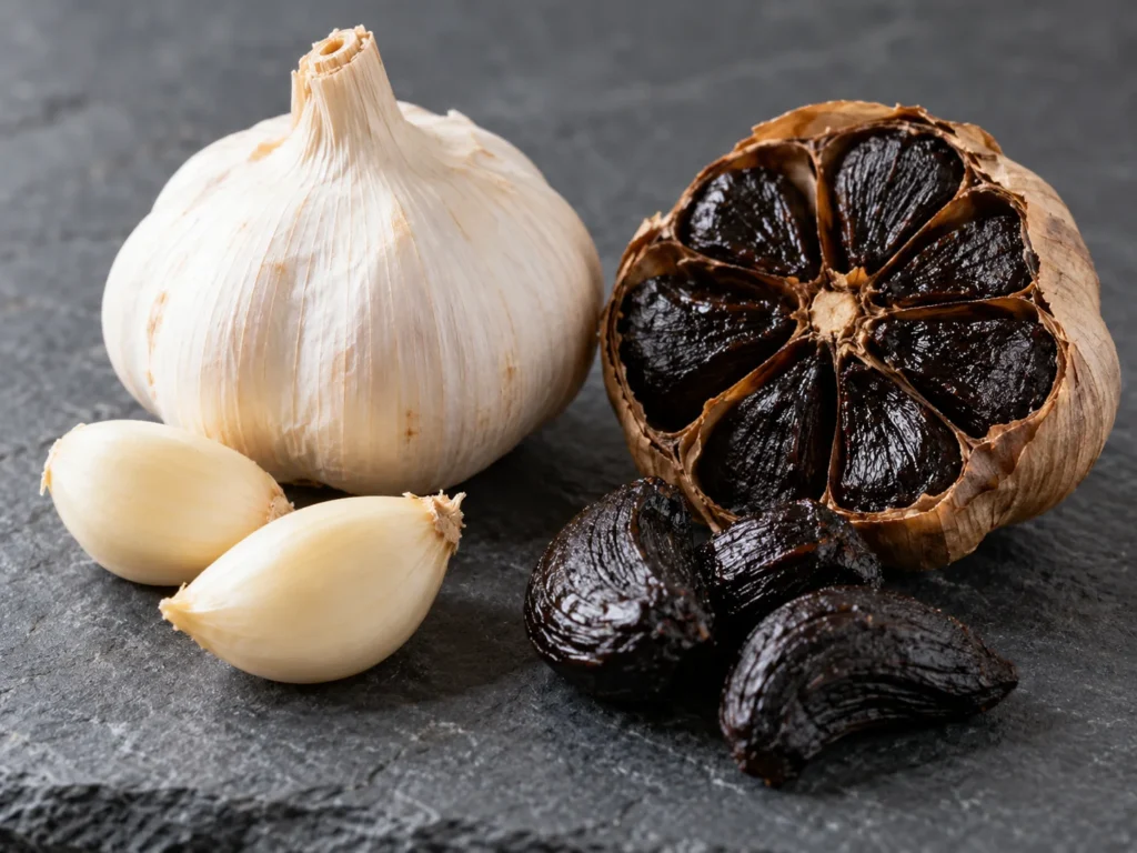 Bawang putih segar bersebelahan bawang hitam berumur yang dibelah dua