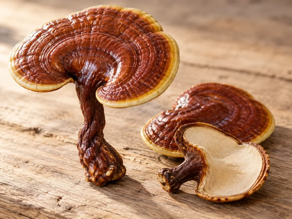 Whole red reishi mushrooms with glossy red-brown caps and long stems on an oak board