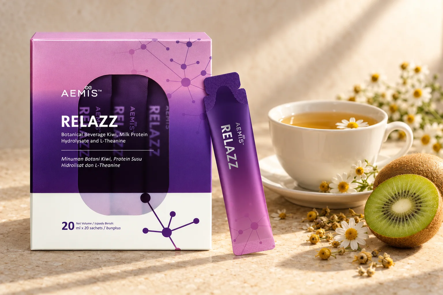 The RELAZZ box and sachet beside a cup of chamomile tea, dried chamomile flowers and a halved kiwi