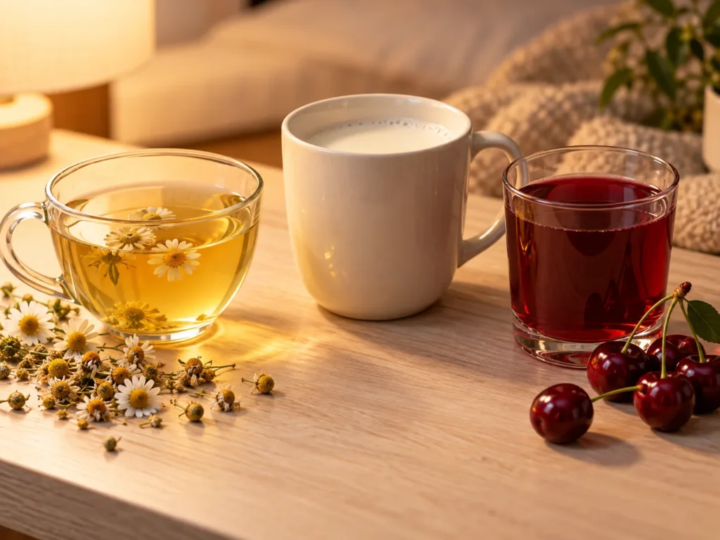 A cup of chamomile tea, a mug of warm milk and a glass of tart cherry juice with fresh cherries