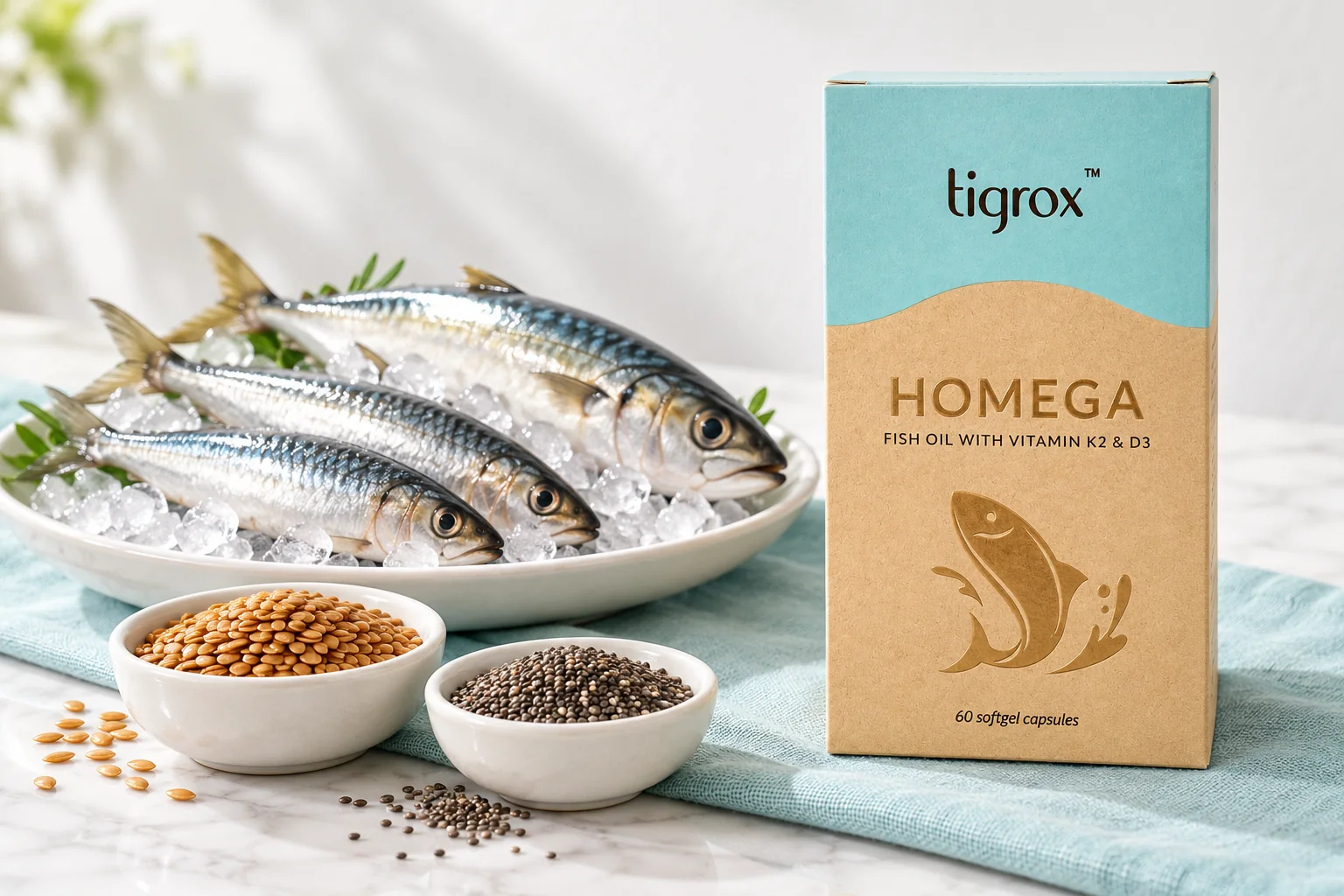 The TIGROX HOMEGA box beside fresh sardines and ikan kembung on ice, with bowls of flaxseed and chia seeds