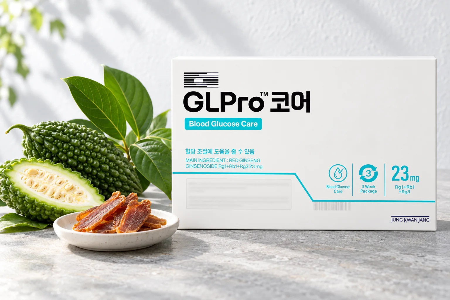 GL Pro Core box beside bitter melon, banaba leaves and red ginseng slices on grey stone