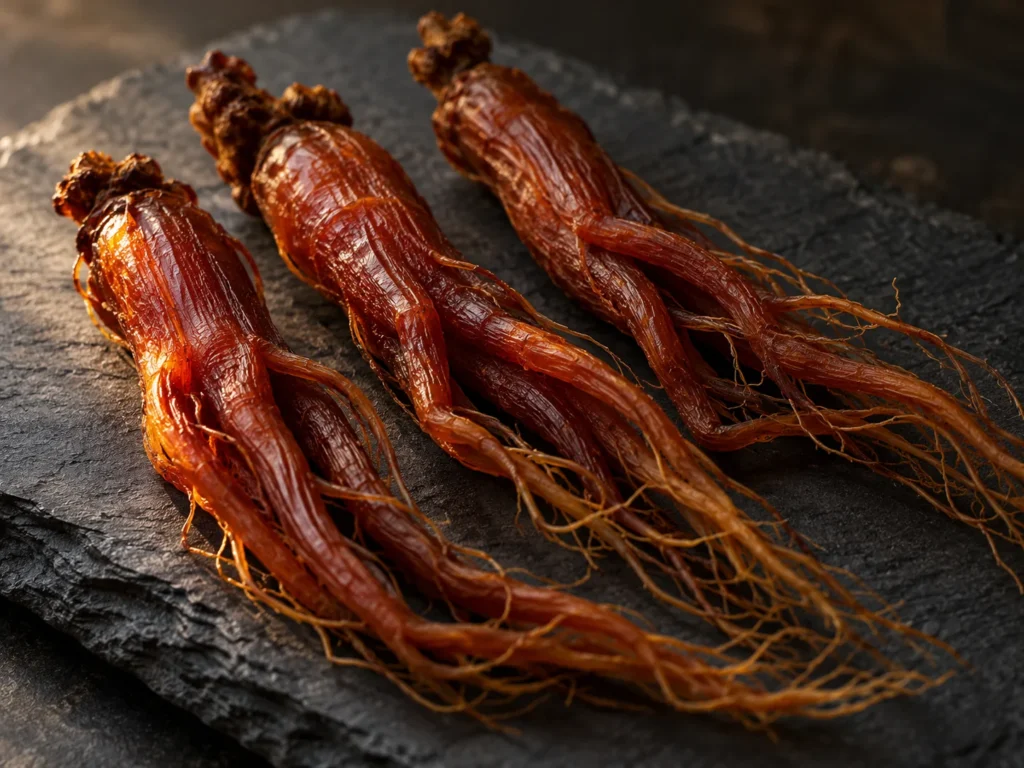 Three whole dried Korean red ginseng roots on dark slate