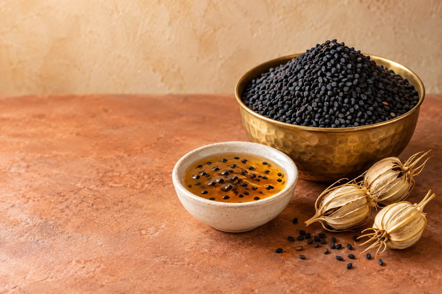 Biji habbatus sauda dalam mangkuk loyang, madu bercampur biji yang ditumbuk, dan buah kapsul Nigella sativa kering