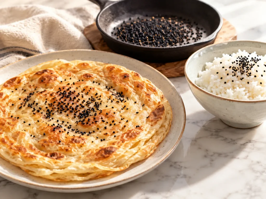 Roti dan nasi putih bertabur biji habbatus sauda yang disangai, dengan kuali kecil berisi biji hitam