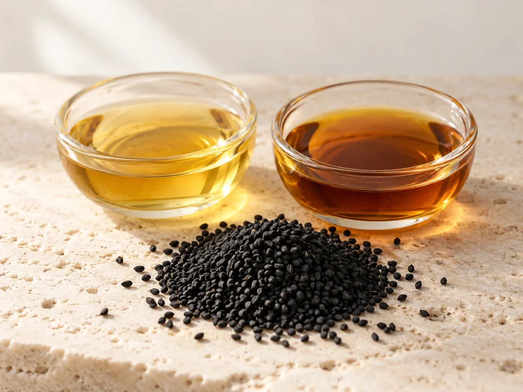 Dua piring kaca minyak habbatus sauda, satu kuning keemasan dan satu coklat gelap, dengan selonggok biji hitam