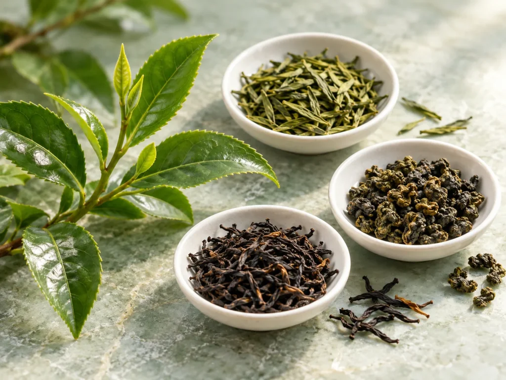 A fresh tea sprig beside small dishes of loose green, oolong and black tea leaves