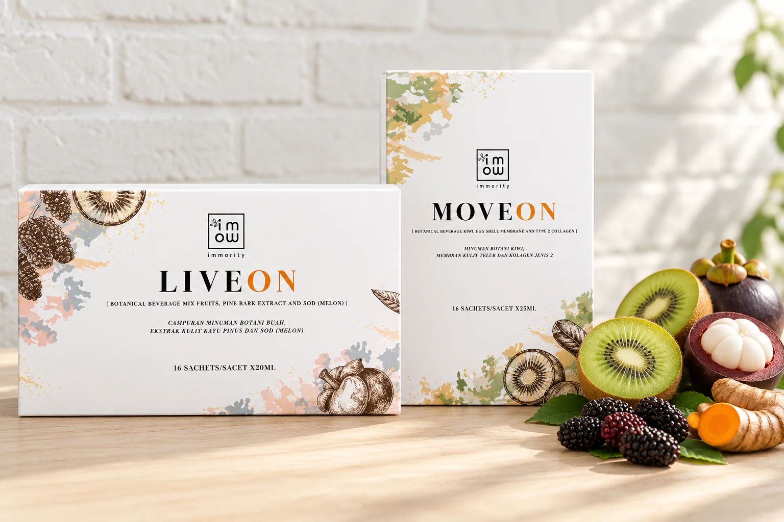 The LIVEON and MOVEON boxes side by side with halved kiwis, a mangosteen, mulberries and a turmeric root
