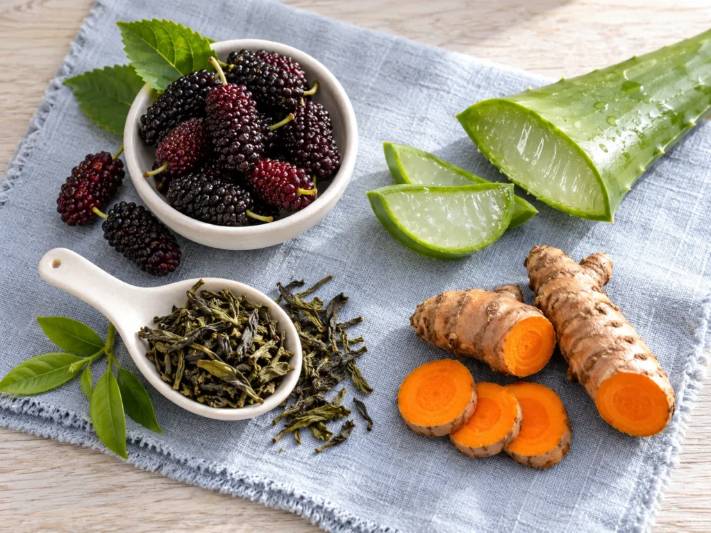 Dark mulberries, a cut aloe vera leaf, green tea leaves and turmeric roots on pale blue-grey linen