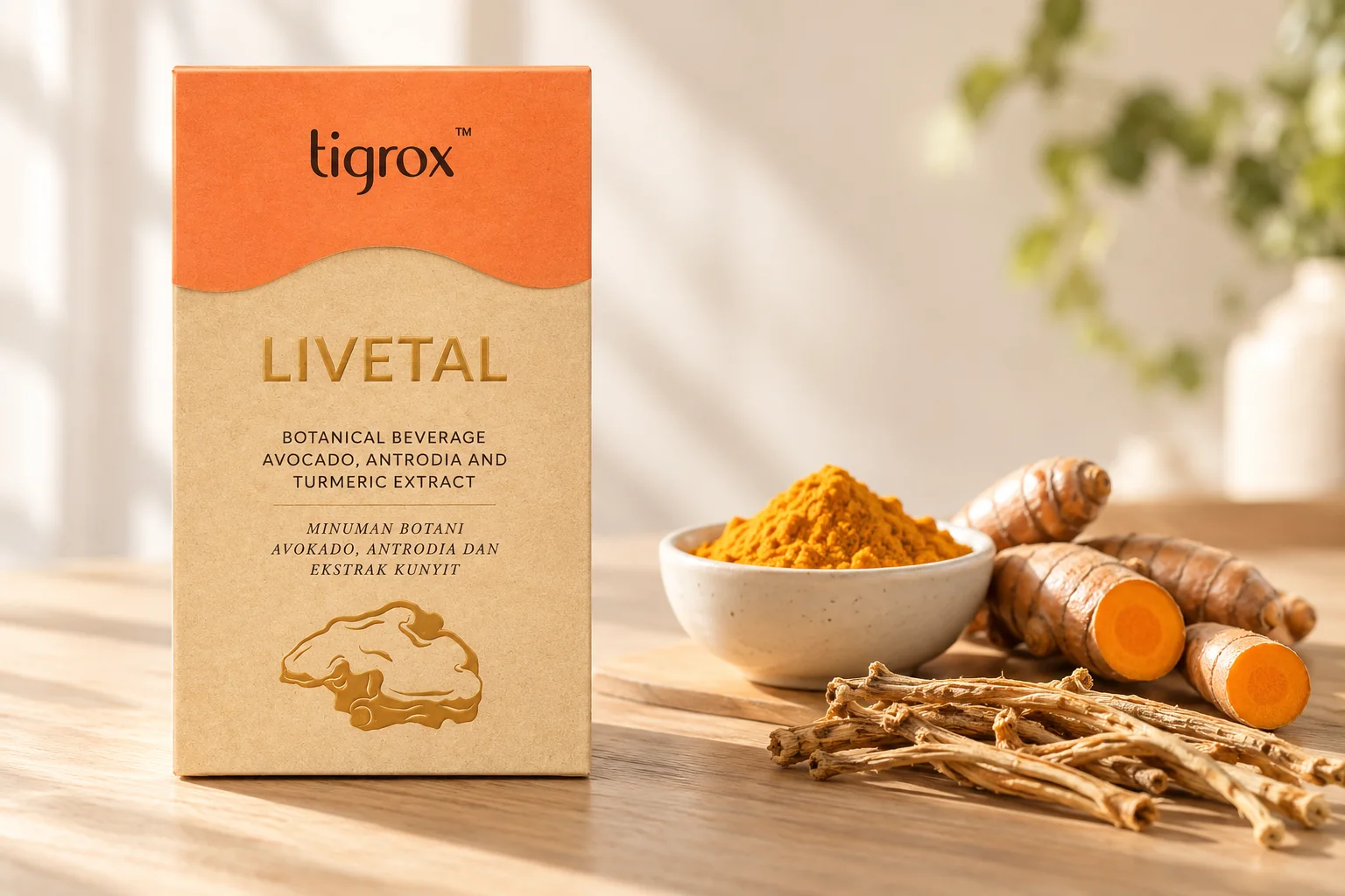 The TIGROX LIVETAL box with fresh turmeric roots, a bowl of turmeric powder and dried bupleurum roots