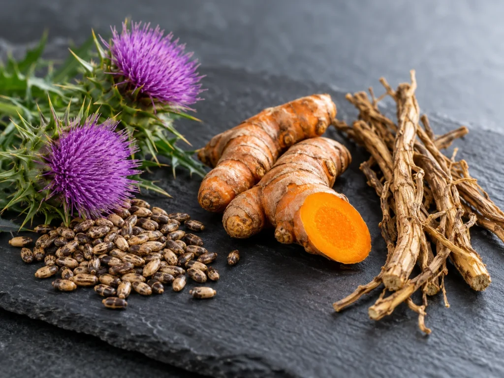 Milk thistle flowers and seeds, fresh turmeric and dried bupleurum roots on dark slate