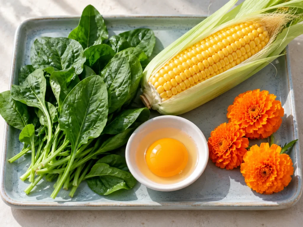 Spinach leaves, a corn cob, a raw egg yolk and marigold flowers on a ceramic tray