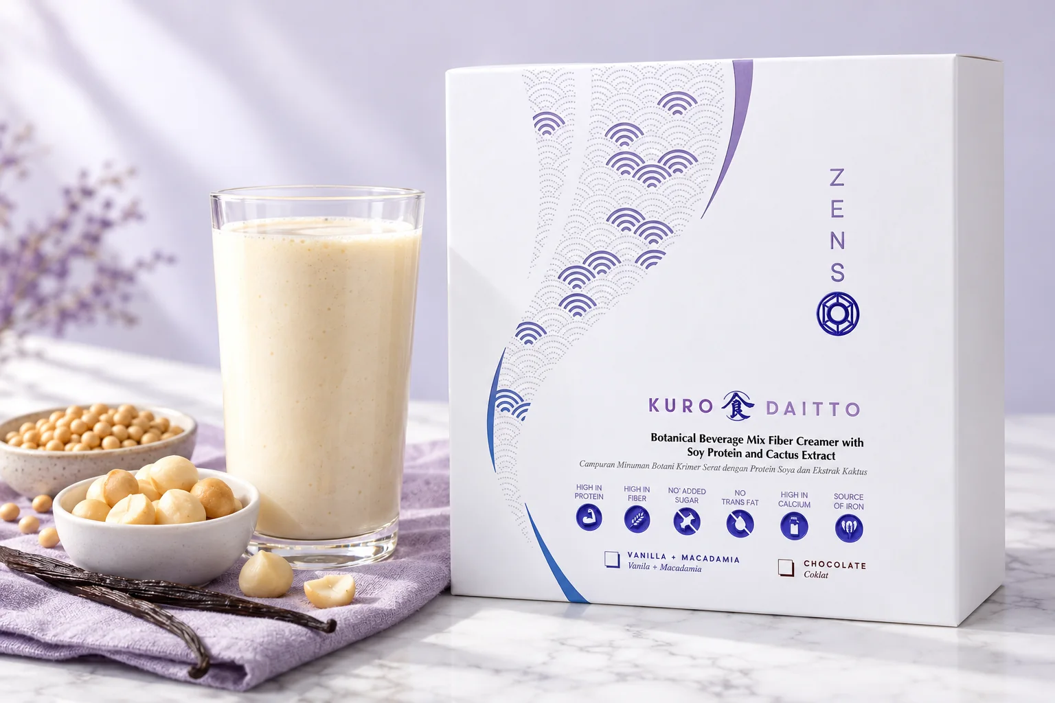 The ZENSO Kuro Daitto box with a glass of vanilla shake, macadamia nuts, vanilla pods and soybeans