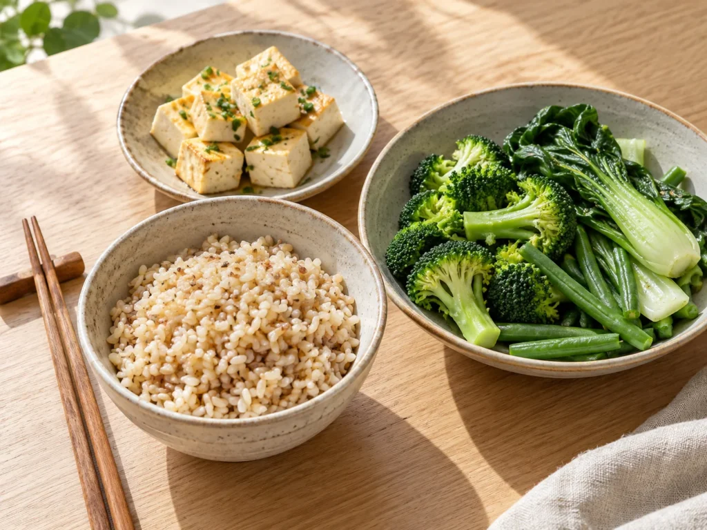 A bowl of brown rice, steamed green vegetables and tofu cubes on a pale oak table