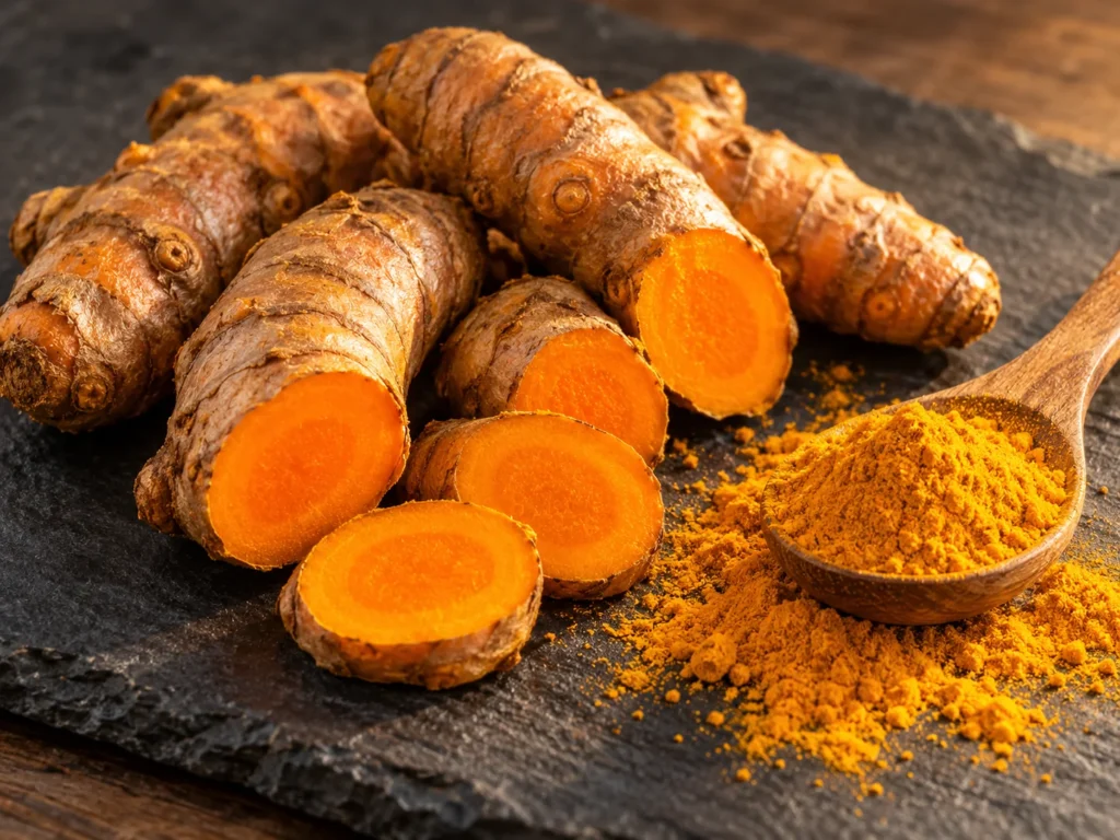 Whole and sliced fresh turmeric roots with a wooden spoon of golden turmeric powder on dark slate
