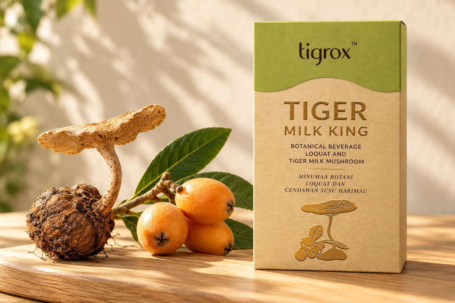 TIGROX Tiger Milk King 枇杷口味盒装,旁边是一株完整的虎乳芝与新鲜枇杷