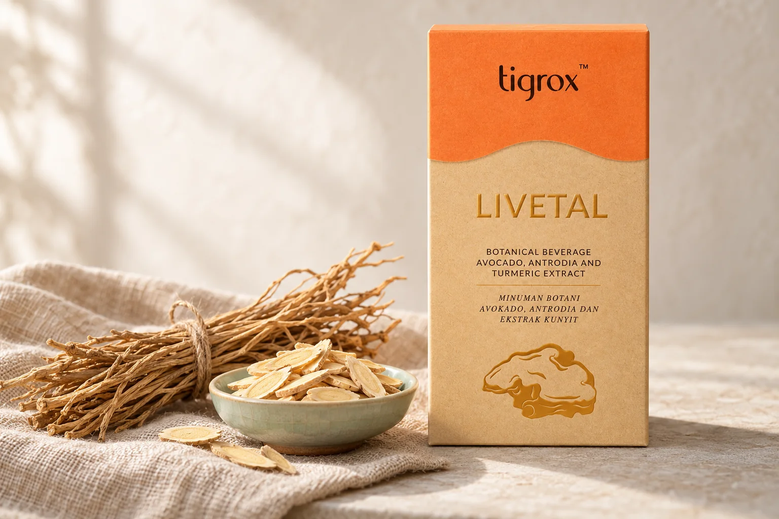 TIGROX LIVETAL 盒装，旁边是柴胡根与黄芪片