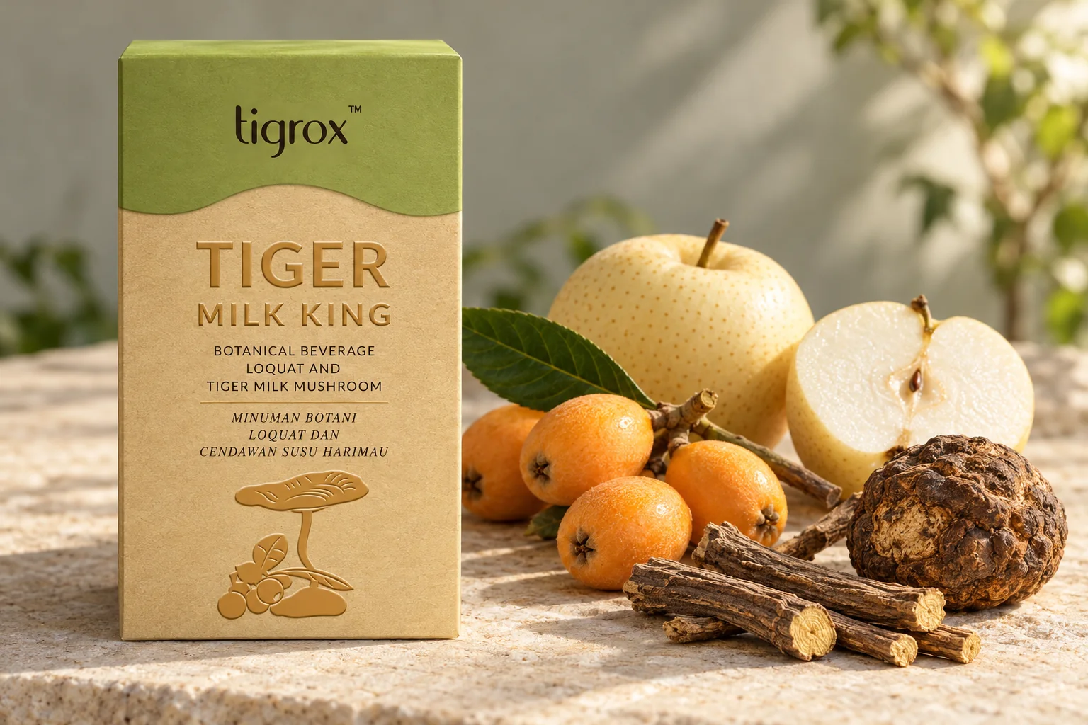 TIGROX Tiger Milk King Loquat box with crystal pear, loquats, licorice root and a tiger milk mushroom tuber on limestone