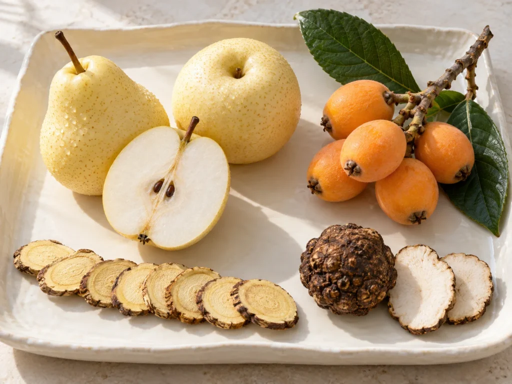 Crystal pears, loquats, dried licorice root slices and a tiger milk mushroom tuber on a cream ceramic tray