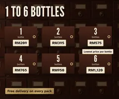 Prices: 1 bottle RM209, 2 bottles RM395, 3 bottles RM575, 4 bottles RM765, 5 bottles RM950, 6 bottles RM1,120. Free delivery.