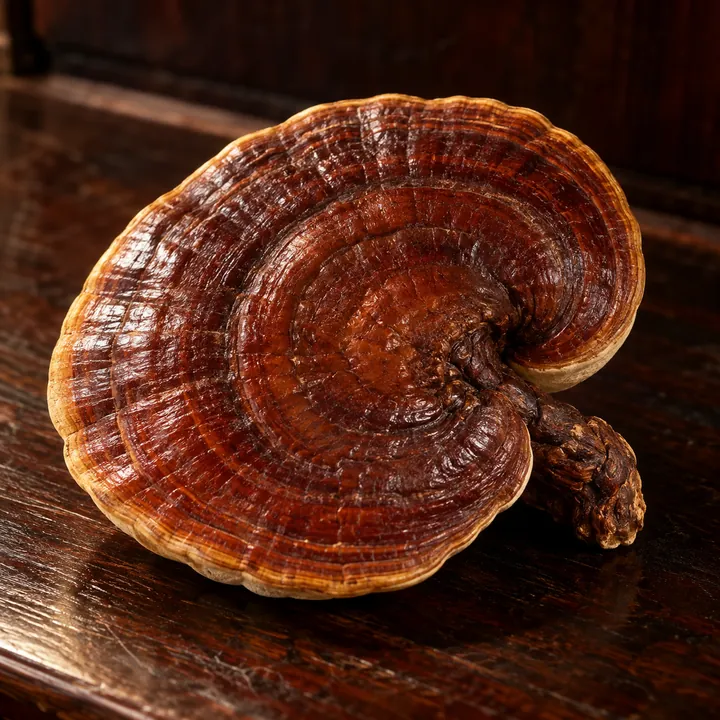 A whole dried red reishi mushroom (Ganoderma lucidum) on a rosewood counter