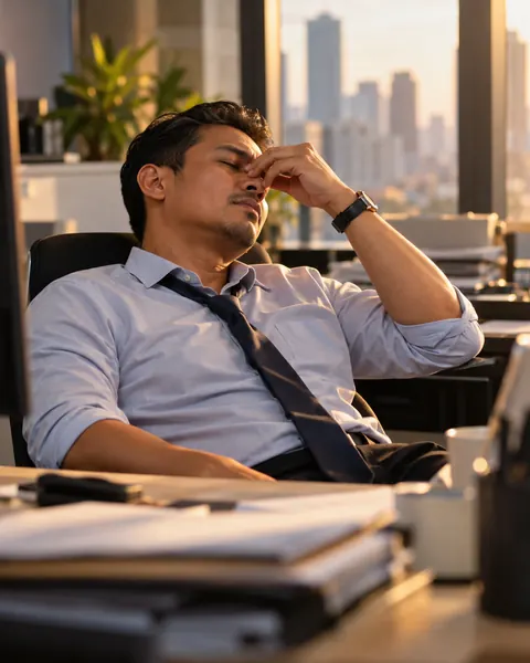 A tired man leaning back at his office desk in the late afternoon