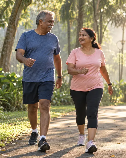 An older couple on a brisk morning walk in a city park