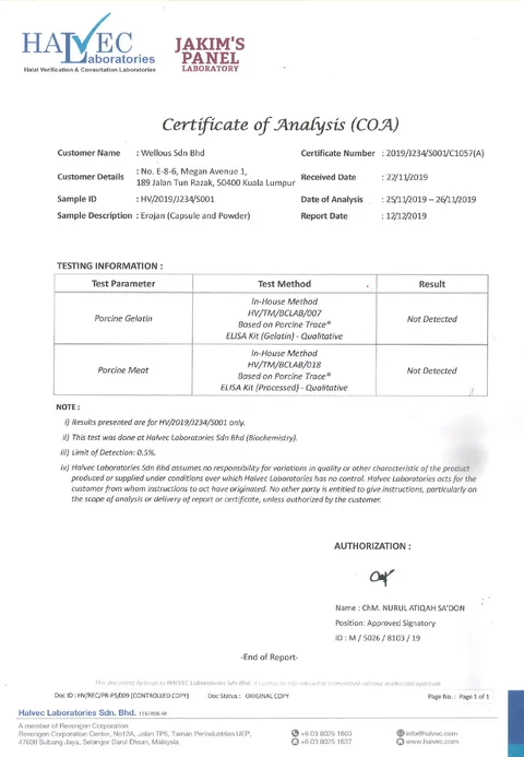 Halvec Laboratories certificate of analysis for EROJAN: porcine gelatin and porcine meat not detected