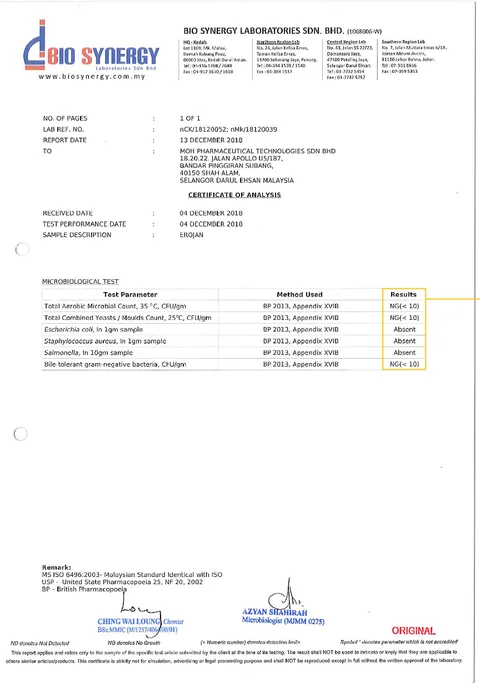 Bio Synergy Laboratories certificate of analysis for EROJAN: no microbial, yeast or mould growth, no E. coli, S. aureus or Salmonella