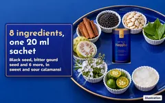 Illustration: the Hayyiba tin on a blue tray among kuih paper cups of black seed, bitter gourd seeds, gymnema, cinnamon, noni, misai kucing, calamansi and sea coconut. 8 ingredients, one 20 ml sachet.