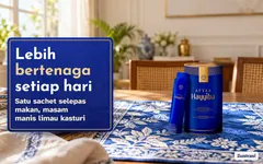 Ilustrasi: tin dan sachet Hayyiba di atas alas batik biru di meja sarapan. Lebih bertenaga setiap hari. Satu sachet selepas makan, masam manis limau kasturi.