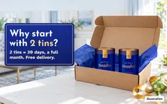 Illustration: two Hayyiba tins in an opened delivery box with blue tissue paper. Why start with 2 tins? 2 tins = 30 days, a full month. Free delivery.