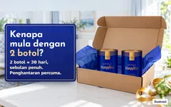 Ilustrasi: dua tin Hayyiba dalam kotak penghantaran yang dibuka. Kenapa mula dengan 2 botol? 2 botol = 30 hari, sebulan penuh. Penghantaran percuma.