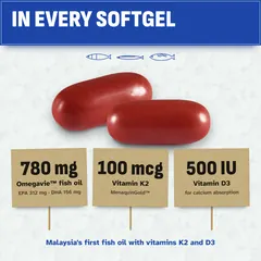 In one softgel: Omegavie fish oil 780 mg with EPA 312 mg and DHA 156 mg, vitamin K2 100 mcg and vitamin D3 500 IU.