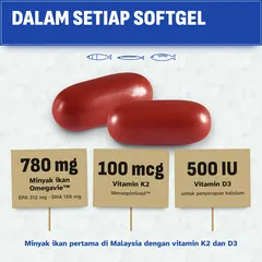 Dalam satu softgel: minyak ikan Omegavie 780 mg dengan EPA 312 mg dan DHA 156 mg, vitamin K2 100 mcg dan vitamin D3 500 IU.