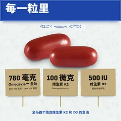 每粒含:Omegavie 鱼油 780 毫克(EPA 312 毫克、DHA 156 毫克)、维生素 K2 100 微克、维生素 D3 500 IU。