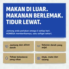Makan di luar, makanan berlemak dan tidur lewat membebankan jantung anda. HOMEGA menyokong kesihatan jantung dan aliran darah, saluran darah yang anjal dan tahap kolesterol yang sihat.