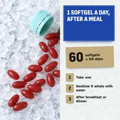 One softgel a day after a meal. One bottle of 60 softgels lasts 60 days.